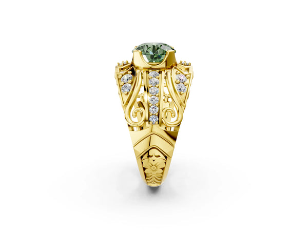 Yellow gold Fancy Green Round Cut Diamond Pave Art Deco Split Shank Ring with Four-Prong Setting