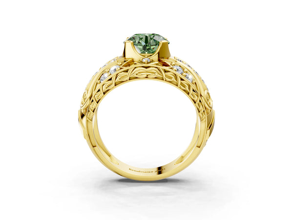 Yellow gold Fancy Green Round Cut Diamond Pave Art Deco Split Shank Ring with Four-Prong Setting