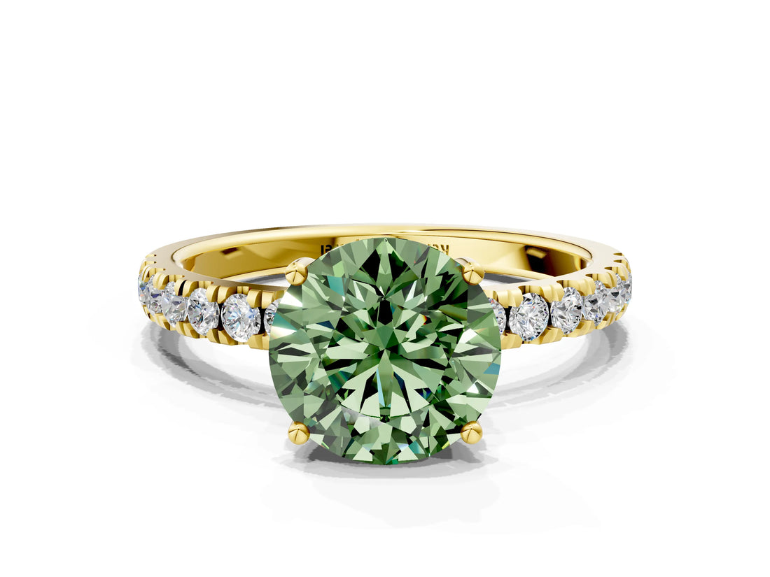 Yellow gold Fancy Green Round Cut Diamond Pave Band Solitaire Ring with Four-Prong Setting_59