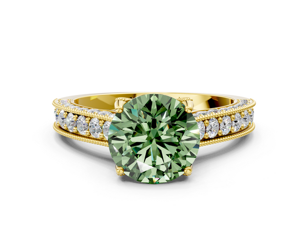 Yellow gold Fancy Green Round  Cut Diamond Solitaire Ring with Milgrain Pave Band and Four Prong Setting