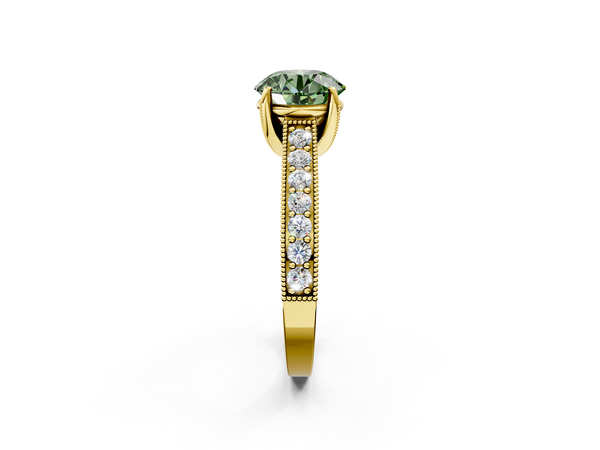 Yellow gold Fancy Green Round  Cut Diamond Solitaire Ring with Milgrain Pave Band and Four Prong Setting