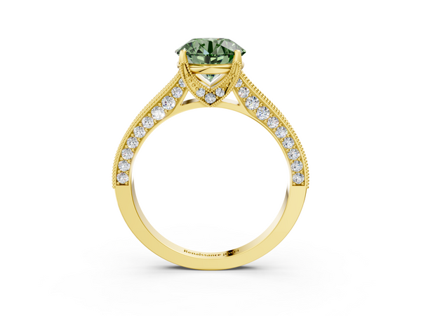 Yellow gold Fancy Green Round  Cut Diamond Solitaire Ring with Milgrain Pave Band and Four Prong Setting