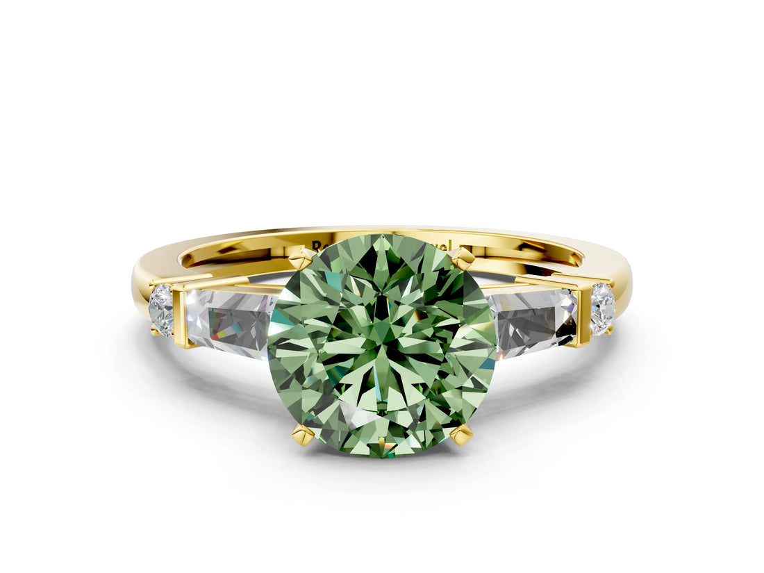 Yellow gold Fancy Green Round  Cut Diamond Ring with Baguette Side Stones, Channel Set Band, and Four-Prong Setting_36