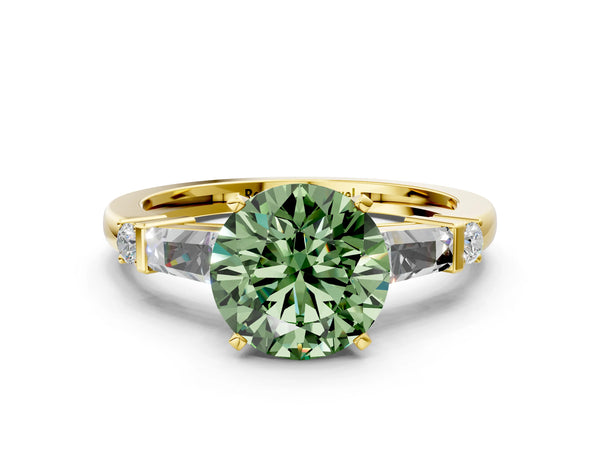 Yellow gold Fancy Green Round  Cut Diamond Ring with Baguette Side Stones, Channel Set Band, and Four-Prong Setting