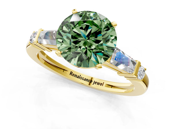 Yellow gold Fancy Green Round  Cut Diamond Ring with Baguette Side Stones, Channel Set Band, and Four-Prong Setting