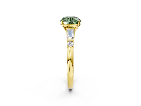 Yellow gold Fancy Green Round  Cut Diamond Ring with Baguette Side Stones, Channel Set Band, and Four-Prong Setting