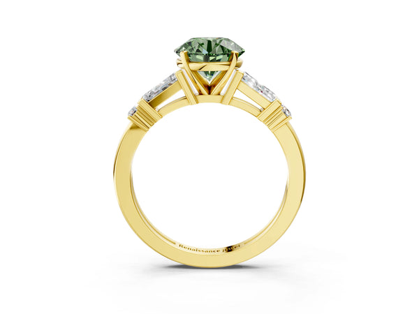 Yellow gold Fancy Green Round  Cut Diamond Ring with Baguette Side Stones, Channel Set Band, and Four-Prong Setting