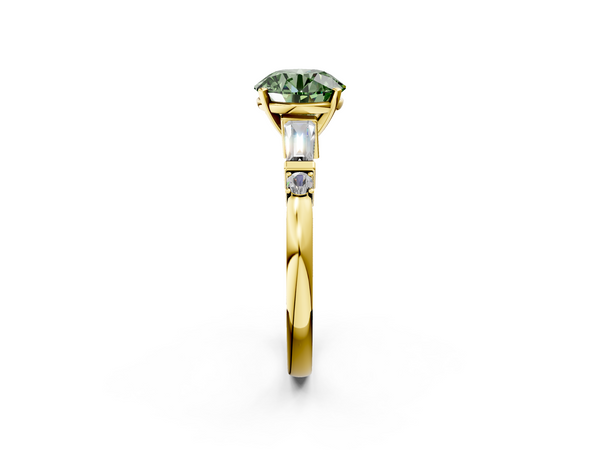 Yellow gold Fancy Green Round  Cut Diamond Ring with Baguette Side Stones, Channel Set Band, and Four-Prong Setting
