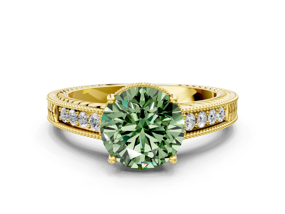 Yellow gold Fancy Green Round Cut Diamond Ring with Milgrain Pavé Band and Four-Prong Setting_23