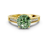 Yellow gold Fancy Green Round Cut Diamond Ring with Milgrain Pavé Band and Four-Prong Setting_23