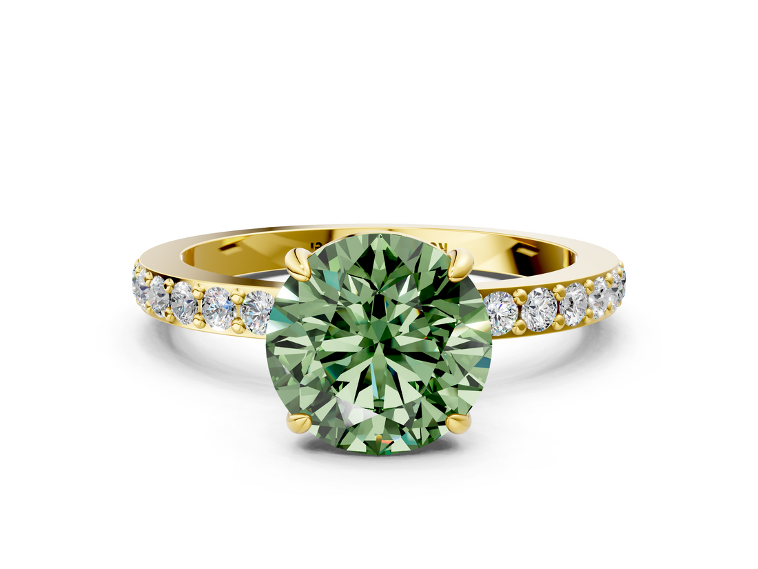 Yellow gold Fancy Green Round  Cut Diamond Ring with Pavé Band and Four-Prong Setting_36