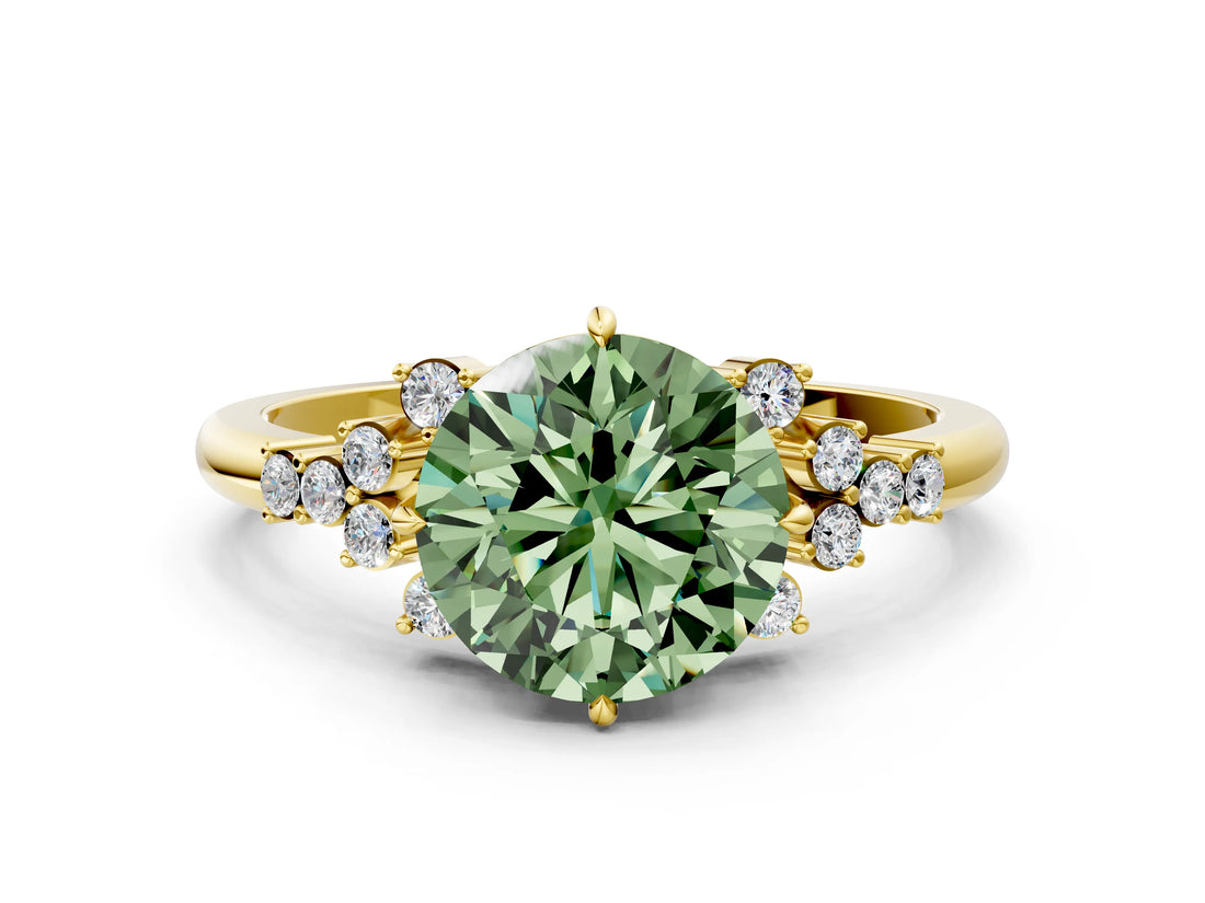 Yellow gold Fancy Green Round Cut Diamond Ring with Side Stones and Four-Prong Setting_78