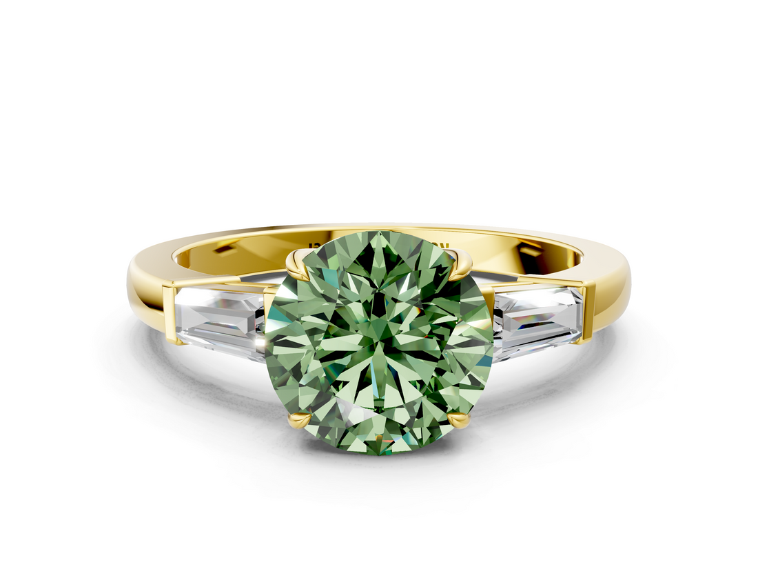 Yellow gold Fancy Green Round  Cut Diamond Ring with Tapered Baguette Side Stones in Four-Prong Setting_3
