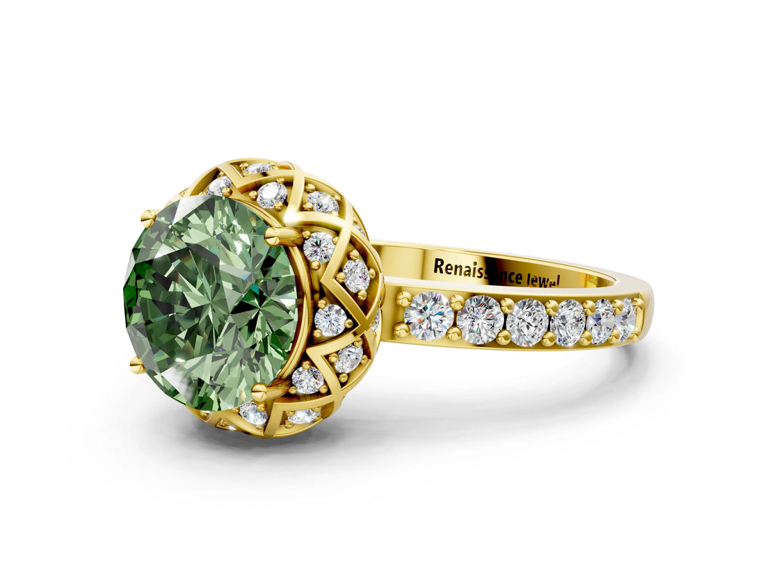 Yellow gold Fancy Green Round Cut Diamond Scalloped Halo Engagement Ring with Round Shared Prong Band_12