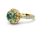 Yellow gold Fancy Green Round Cut Diamond Scalloped Halo Engagement Ring with Round Shared Prong Band_12