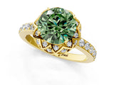 Yellow gold Fancy Green Round Cut Diamond Scalloped Halo Engagement Ring with Round Shared Prong Band_13