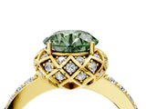Yellow gold Fancy Green Round Cut Diamond Scalloped Halo Engagement Ring with Round Shared Prong Band_28