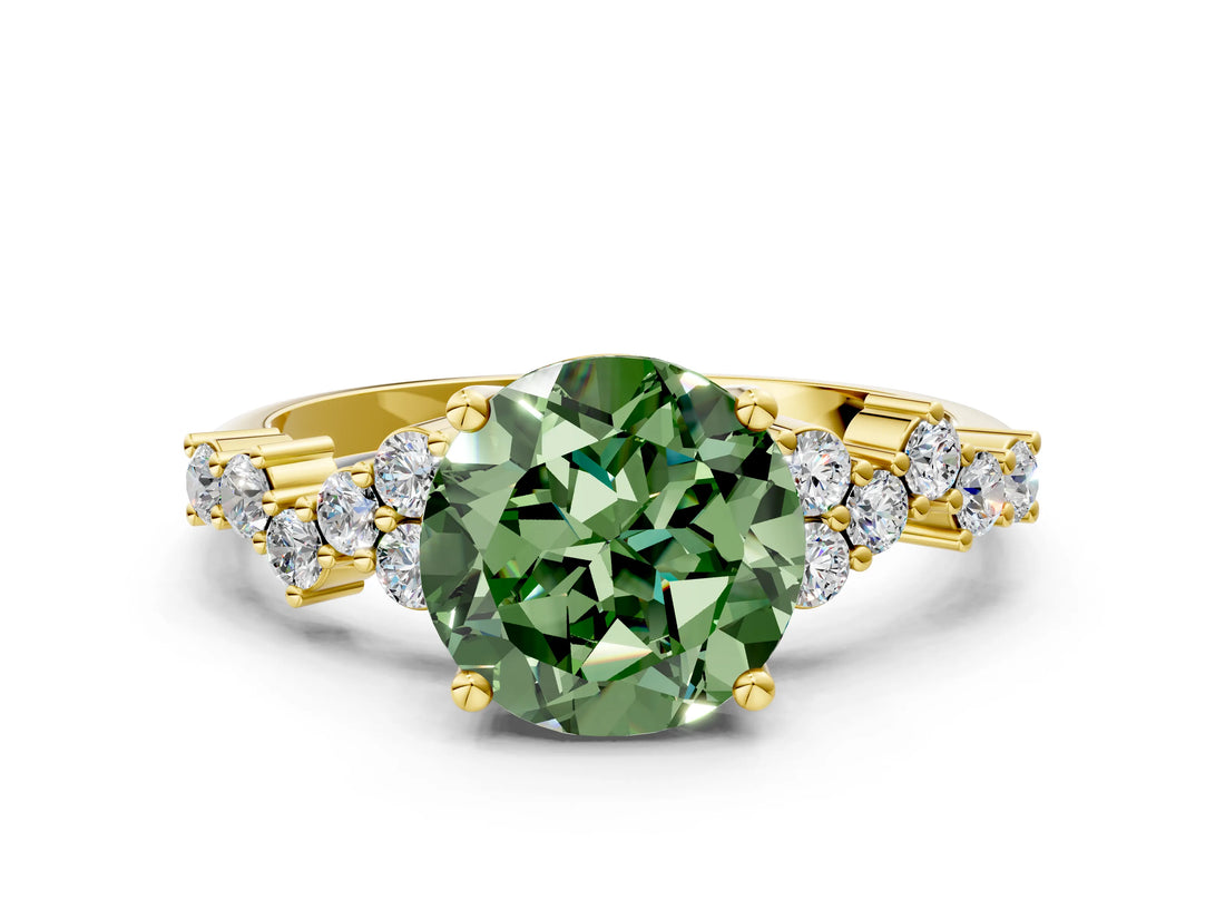 Yellow gold Fancy Green Round Cut Diamond Scattered Round Accent Ring with Prong Setting_12