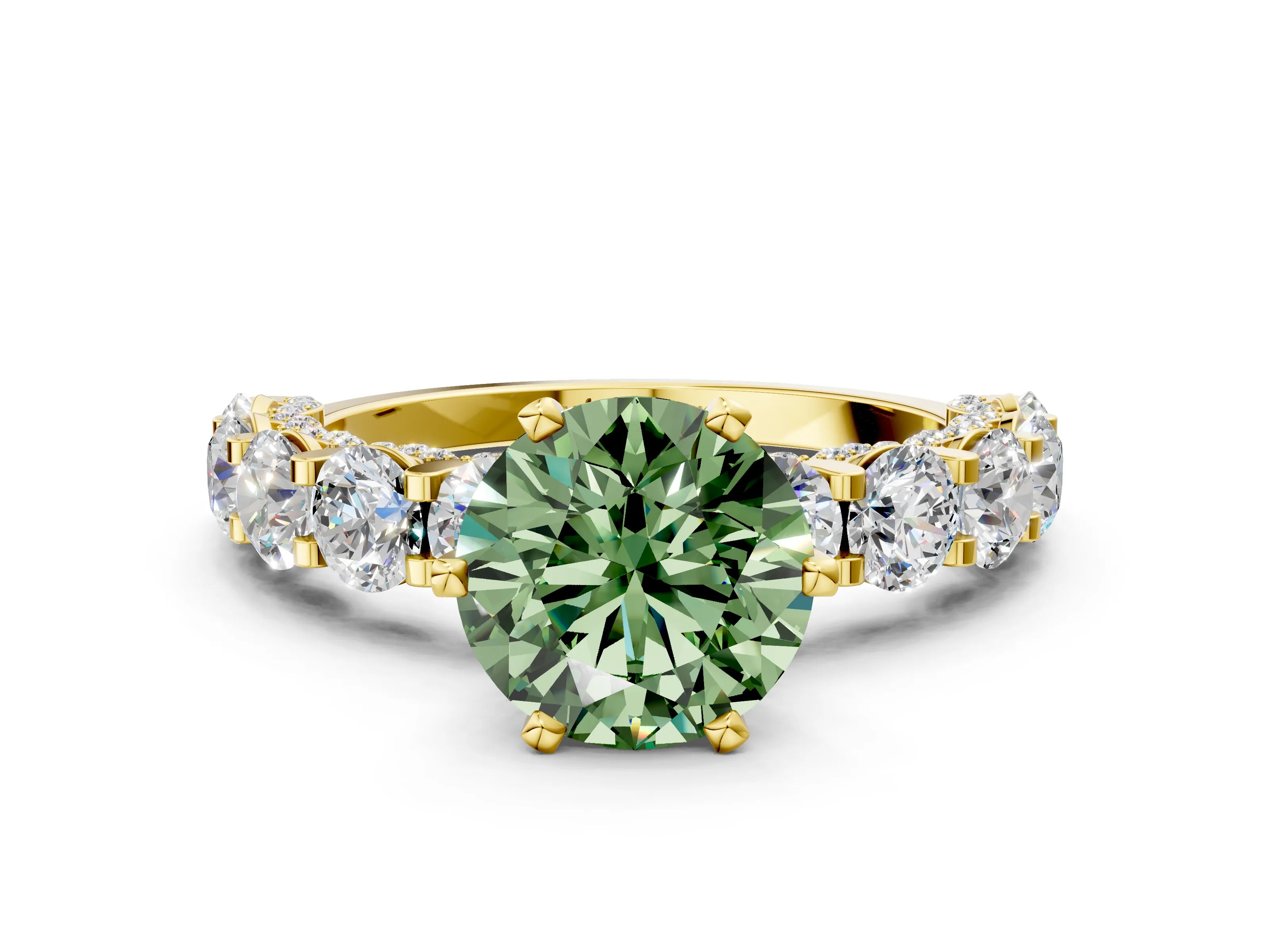 Yellow gold Fancy Green Round Cut Diamond Side Stone Engagement Ring with Four-Prong Setting_36