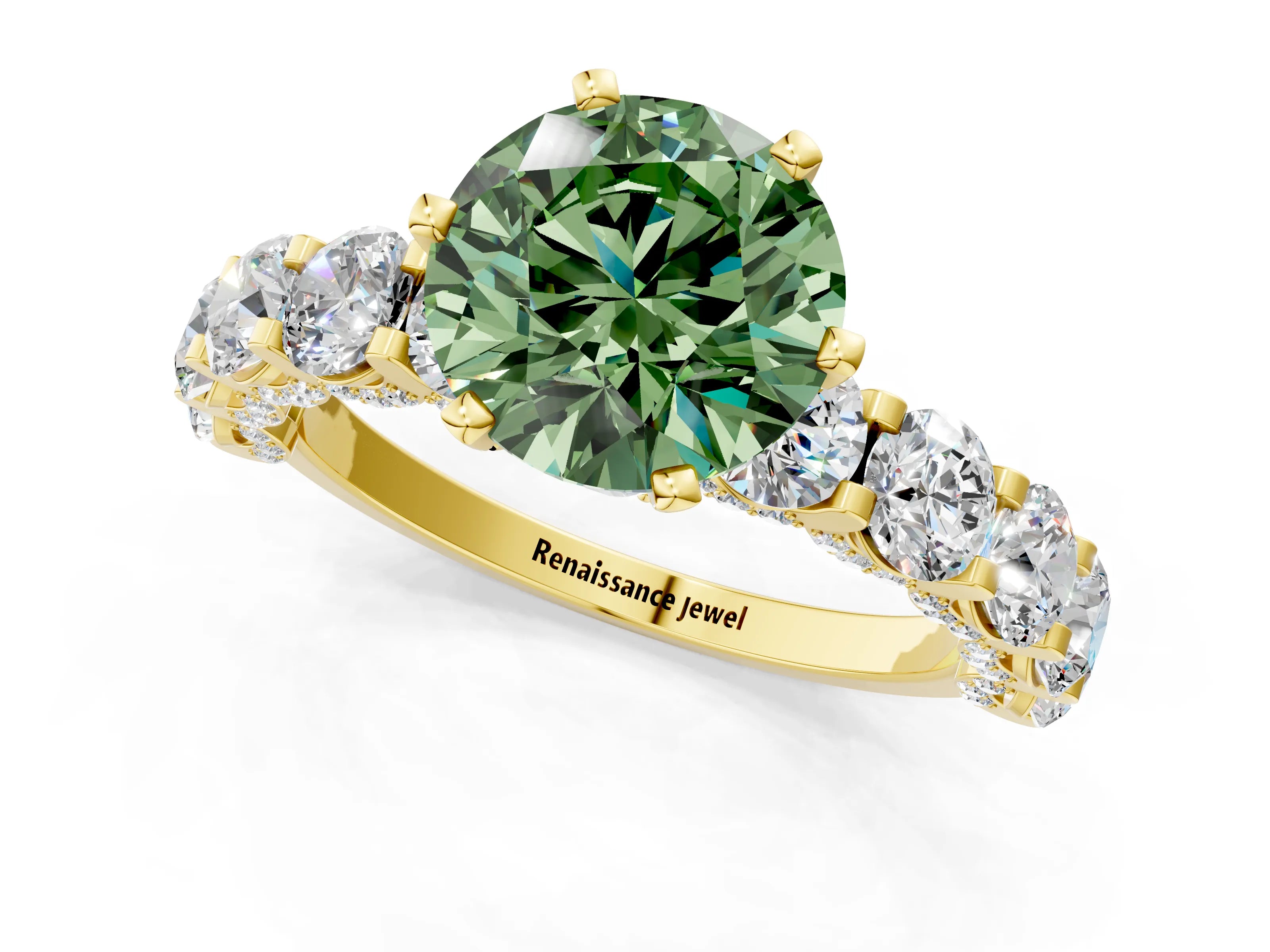 Yellow gold Fancy Green Round Cut Diamond Side Stone Engagement Ring with Four-Prong Setting_37
