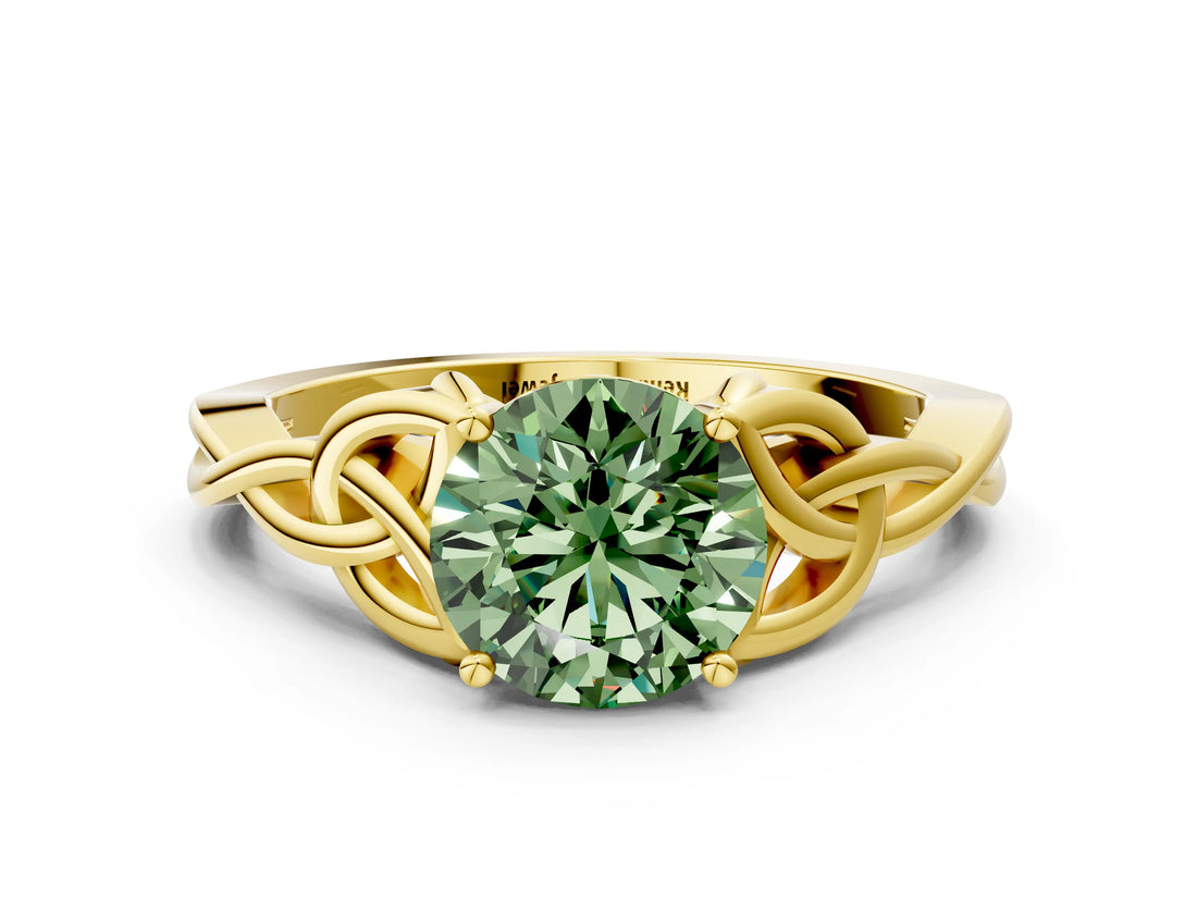 Yellow gold Fancy Green Round Cut Diamond Solitaire Celtic Knot Ring with Four-Prong Setting_84
