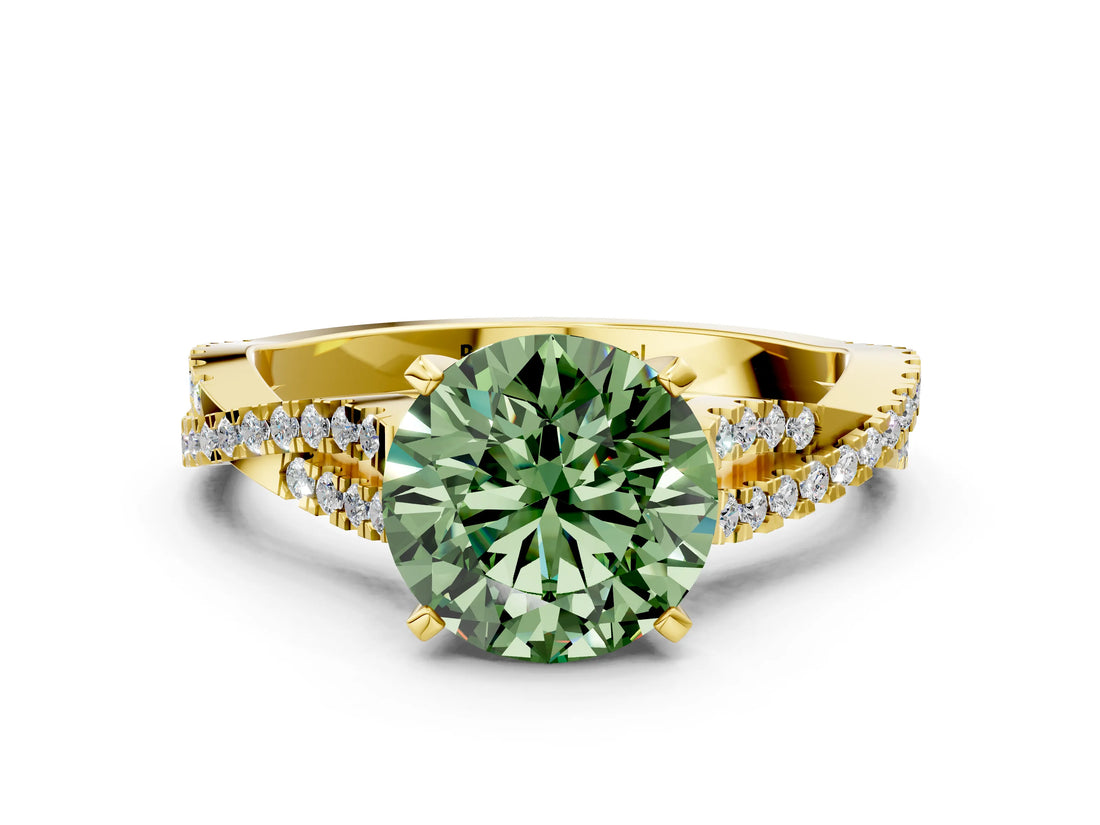Yellow gold Fancy Green Round Cut Diamond Solitaire Engagement Ring with Twisted Pavé Band and Four-Prong Setting_52