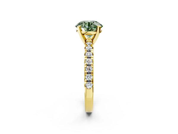 Yellow Gold Round Solitaire Engagement Ring Setting for Fancy Green Center with Large Round Accent Band and Basket Head