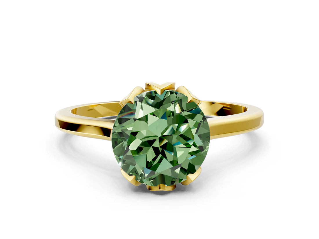 Yellow gold Fancy Green Round Cut Diamond Solitaire Ring with Flower Prong Setting and Classic Band_97