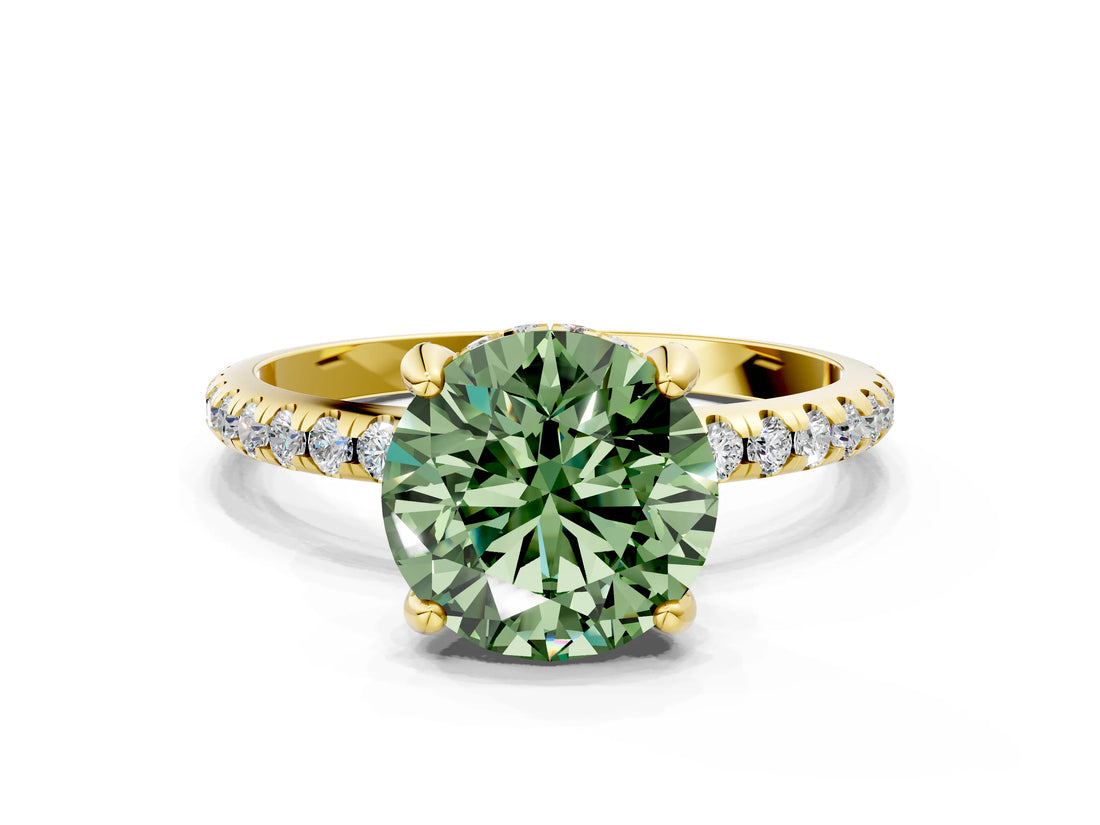 Yellow gold Fancy Green Round Cut Diamond Solitaire Ring with Four-Prong Setting and Pavé Band_3