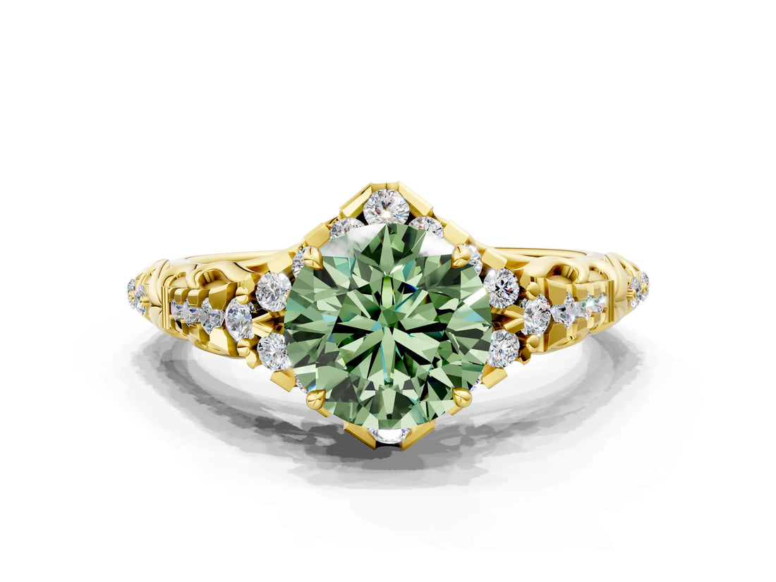 Yellow gold Fancy Green Round Cut Diamond Solitaire Ring with Hidden Halo and Pavé Band_27