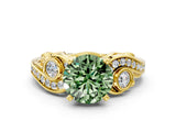 Yellow gold Fancy Green Round Cut Diamond Solitaire Ring with Milgrain Pavé Band and Four-Prong Setting_155