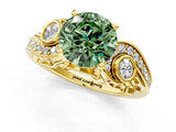 Yellow gold Fancy Green Round Cut Diamond Solitaire Ring with Milgrain Pavé Band and Four-Prong Setting_156