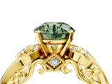 Yellow gold Fancy Green Round Cut Diamond Solitaire Ring with Milgrain Pavé Band and Four-Prong Setting_159