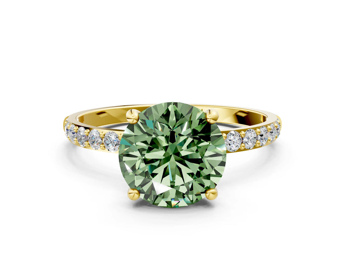 Yellow gold Fancy Green Round Cut Diamond Solitaire Ring with Pave Band and Four Prong Setting_74