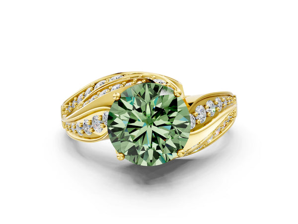 Yellow gold Fancy Green Round Cut Diamond Solitaire Ring with Prong Setting and Twisted Pavé Band