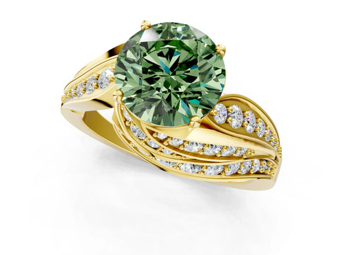 Yellow gold Fancy Green Round Cut Diamond Solitaire Ring with Prong Setting and Twisted Pavé Band_1