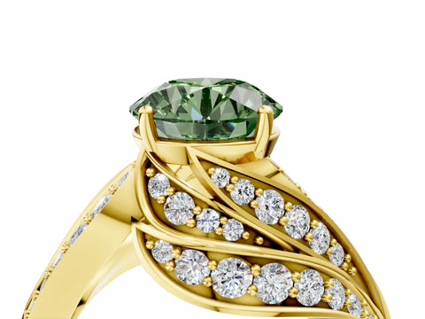 Yellow gold Fancy Green Round Cut Diamond Solitaire Ring with Prong Setting and Twisted Pavé Band_4