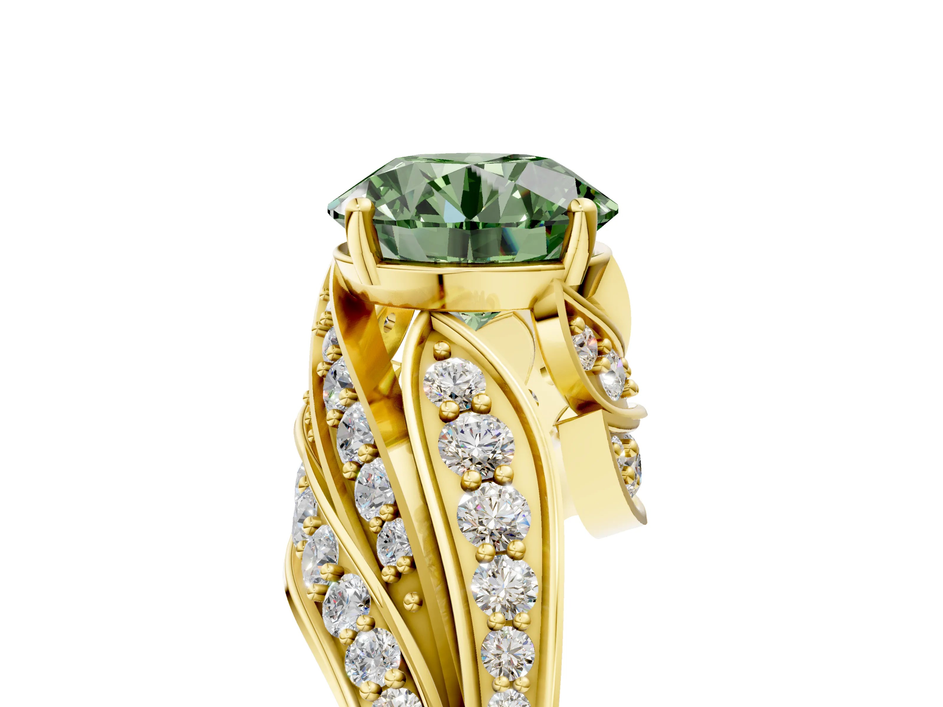 Yellow gold Fancy Green Round Cut Diamond Solitaire Ring with Prong Setting and Twisted Pavé Band_5