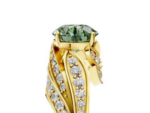 Yellow gold Fancy Green Round Cut Diamond Solitaire Ring with Prong Setting and Twisted Pavé Band_5