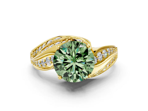 Yellow gold Fancy Green Round Cut Diamond Solitaire Ring with Prong Setting and Twisted Pavé Band