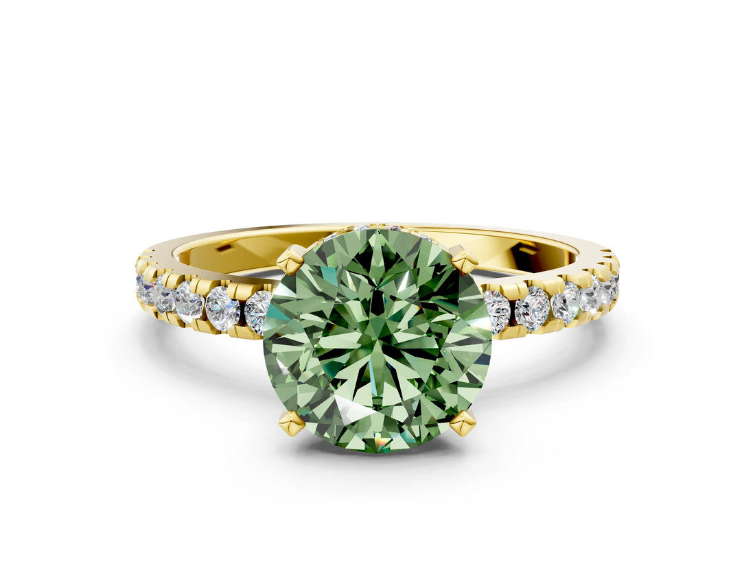 Yellow gold Fancy Green Round Cut Diamond Solitaire Ring with Round  Pavé Band and Four-Prong Setting_36