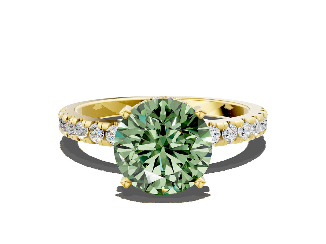 Yellow gold Fancy Green Round Cut Diamond Solitaire Ring with Round  Pavé Band and Four-Prong Setting_64