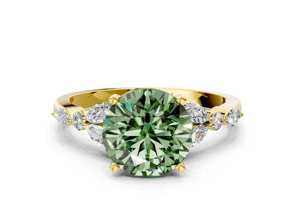 Yellow gold Fancy Green Round Cut Diamond Solitaire Ring with Side Stones and Four-Prong Setting