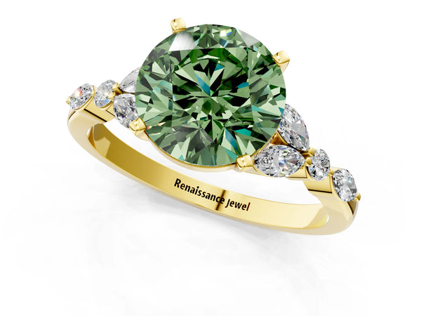 Yellow gold Fancy Green Round Cut Diamond Solitaire Ring with Side Stones and Four-Prong Setting