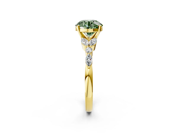 Yellow gold Fancy Green Round Cut Diamond Solitaire Ring with Side Stones and Four-Prong Setting