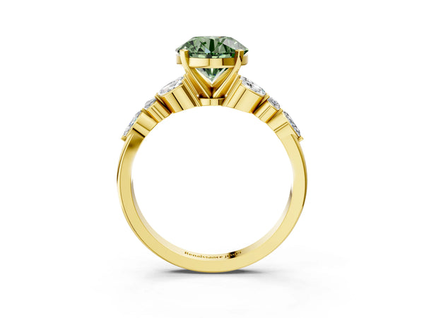 Yellow gold Fancy Green Round Cut Diamond Solitaire Ring with Side Stones and Four-Prong Setting