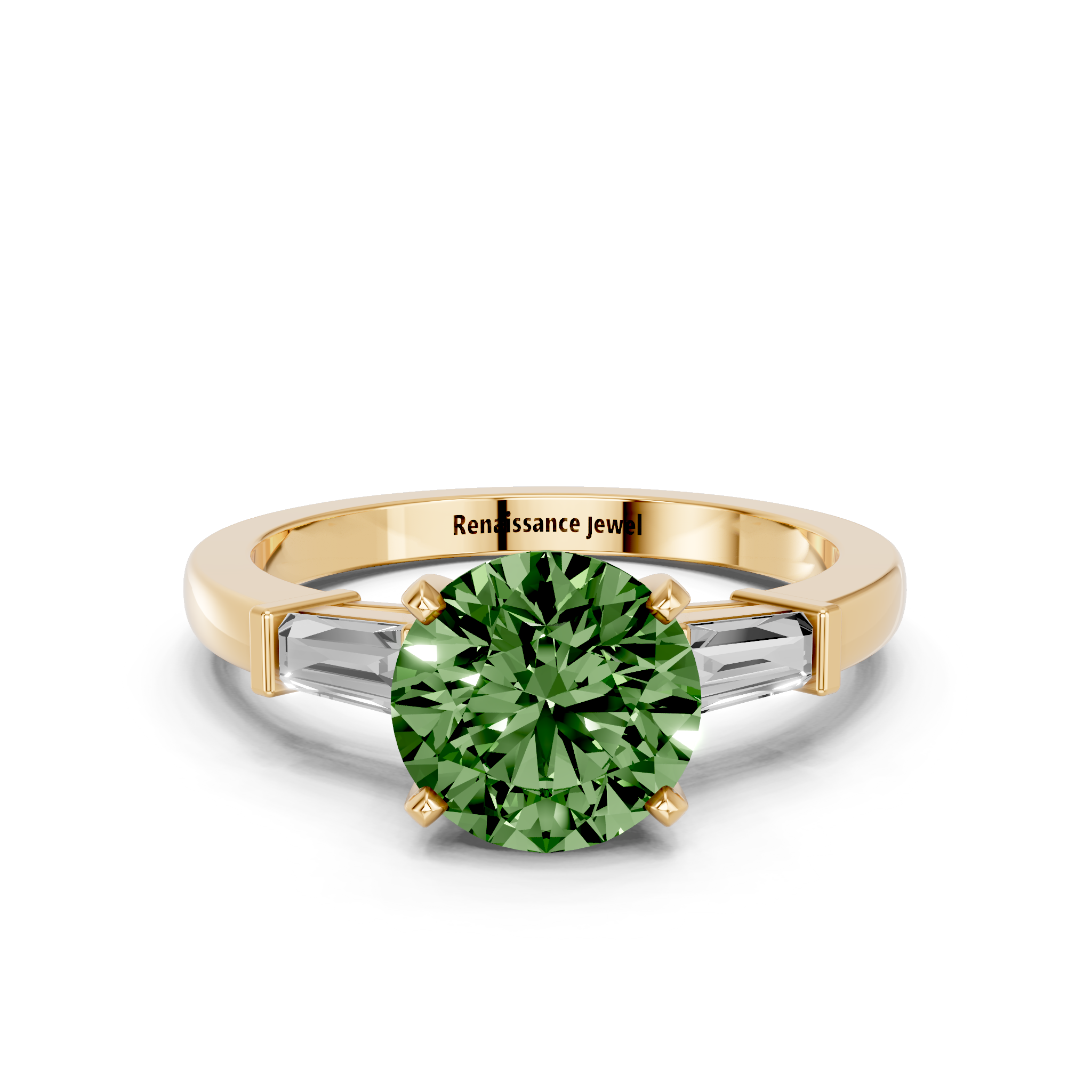 Yellow gold Fancy Green Round  Cut Diamond Solitaire Ring with Tapered Baguette Accents and Four-Prong Setting_2