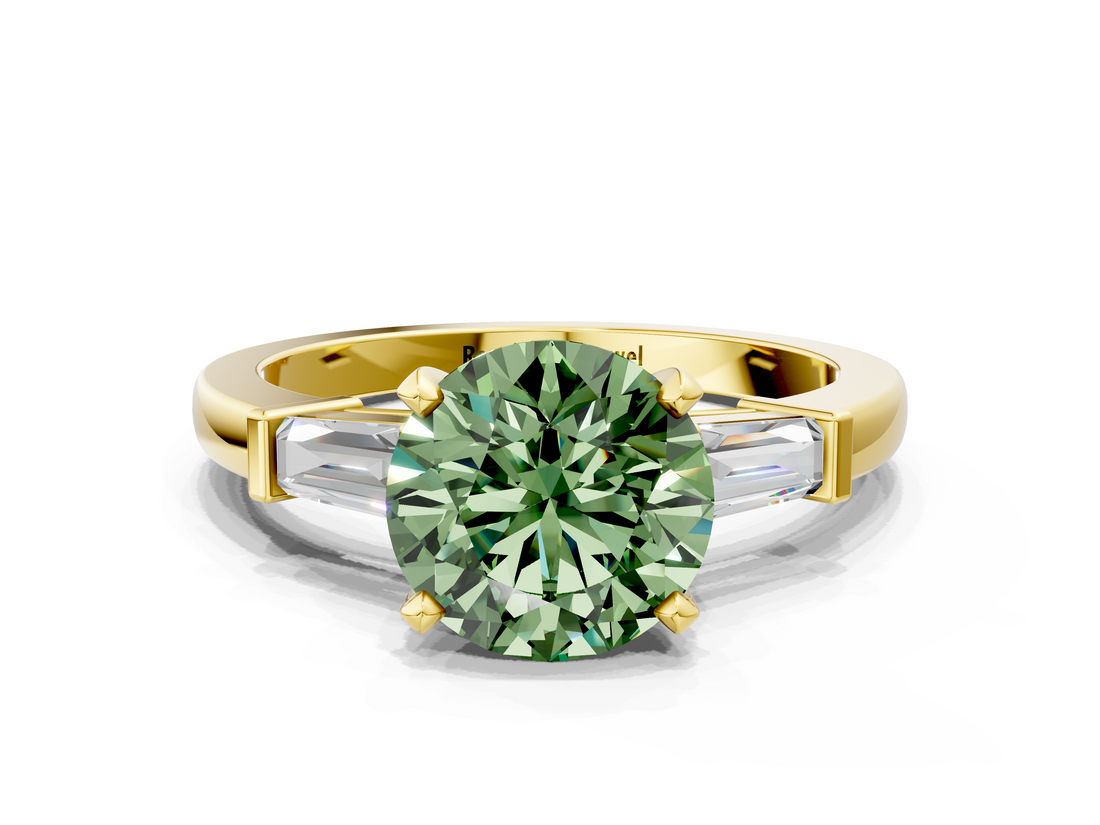 Yellow gold Fancy Green Round  Cut Diamond Solitaire Ring with Tapered Baguette Accents and Four-Prong Setting_58