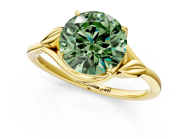 Yellow gold Fancy Green Round Cut Diamond Solitaire Ring with Twist Band and Four-Prong Setting