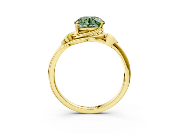 Yellow gold Fancy Green Round Cut Diamond Solitaire Ring with Twist Band and Four-Prong Setting
